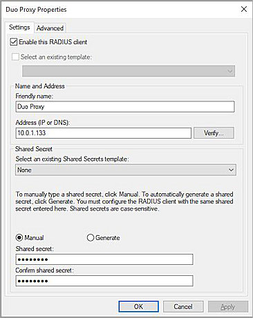 Screenshot of the NPS RADIUS client configuration